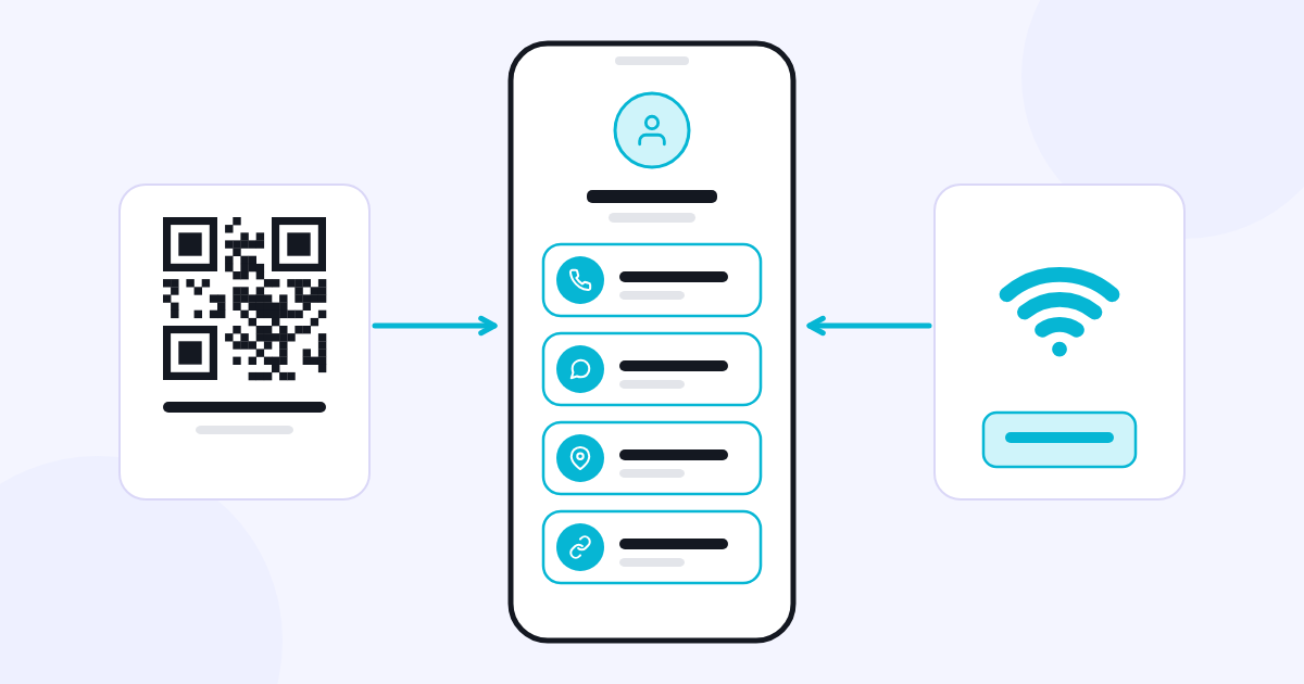 A business page on a phone screen that gathers phone, WhatsApp, location and social media links on one page, with a QR code and an NFC card beside it